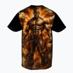 Black short-sleeve shirt with a fiery, muscular superhero graphic across the front.