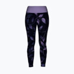 Dark navy leggings with a purple waistband and purple botanical leaf pattern throughout the fabric.