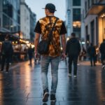 Man walking away in a city street at dusk, wearing a fiery graphic t-shirt and a black crossbody bag.
