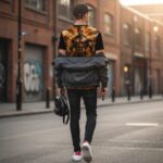 Man walking away on a city street at sunset; jacket draped over his shoulders and a fiery muscular superhero print visible on his back, carrying a black backpack.