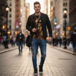 Young man walking down a city street with a crossbody bag across his chest.