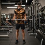 Man standing in a gym, gripping a barbell with weights at his sides in a fitness center.