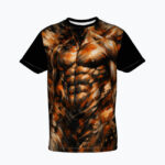 T‑shirt featuring a bold graphic of a muscular chest and abs in orange and black tones on black sleeves.