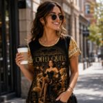 COFFEE QUEEN Damski T-shirt z Szerokim Dekoltem - obrazek 4
