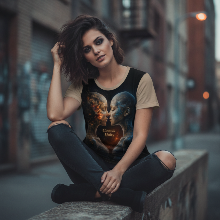 COSMIC UNITY Damski T-shirt z Szerokim Dekoltem