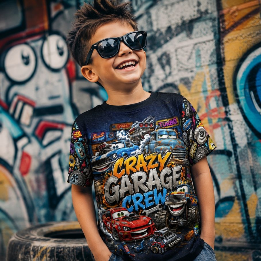 CRAZY GARAGE CREW Chłopięca Koszulka Sportowa-5