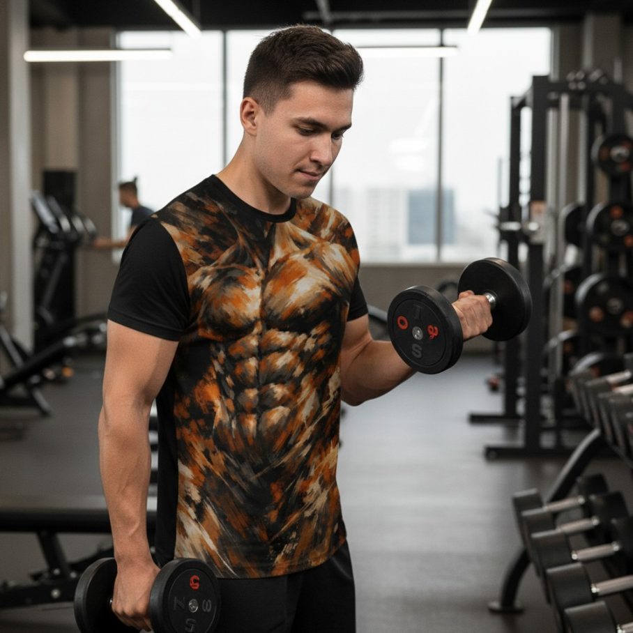 Young man in a gym lifting a dumbbell with his right arm, wearing an orange-black patterned shirt.