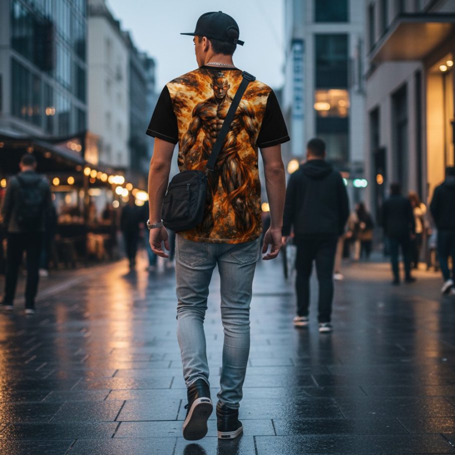 Man walking away in urban street at dusk, wearing a fiery graphic T-shirt and a crossbody bag.