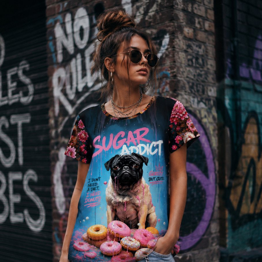 DONUT WORRY Damski T-shirt z Szerokim Dekoltem-2