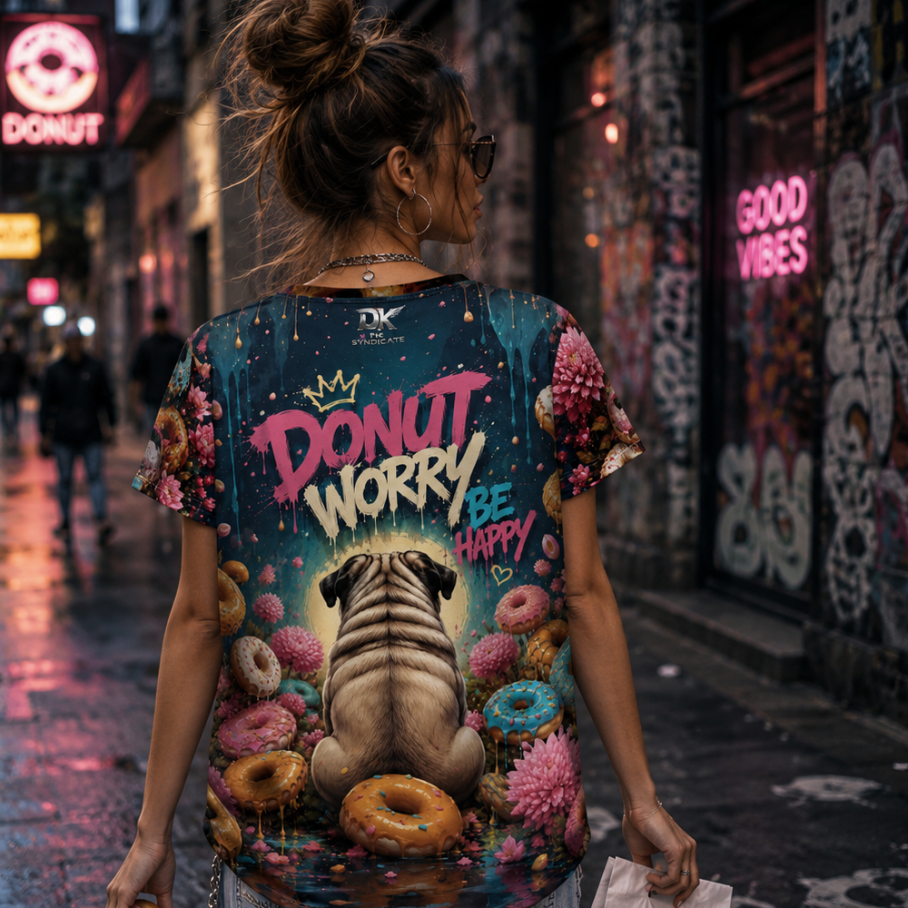 DONUT WORRY Damski T-shirt z Szerokim Dekoltem-5