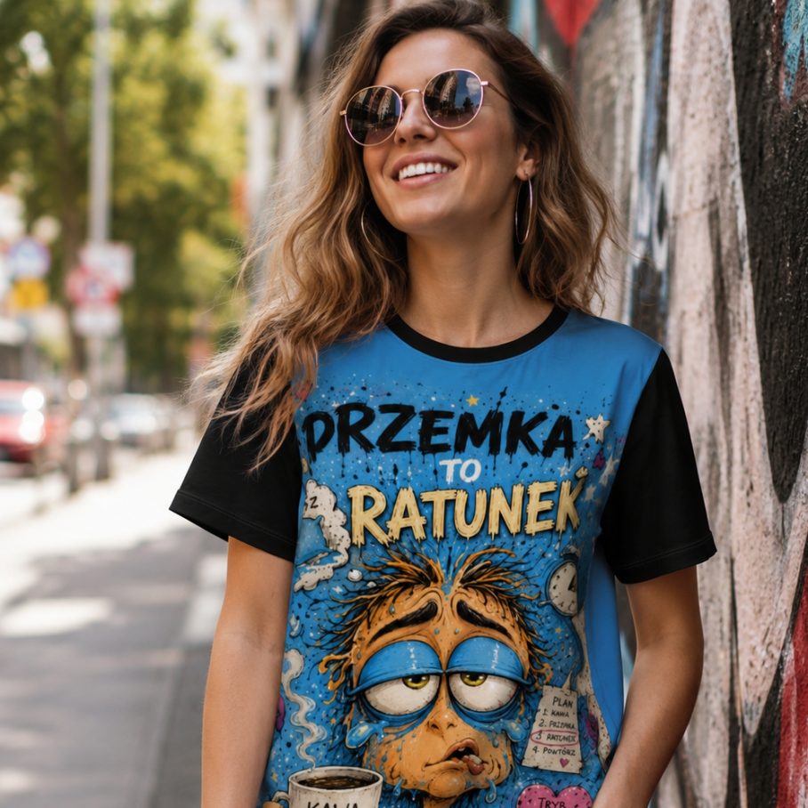 DRZEMKA TO RATUNEK Damski T-shirt z Szerokim Dekoltem