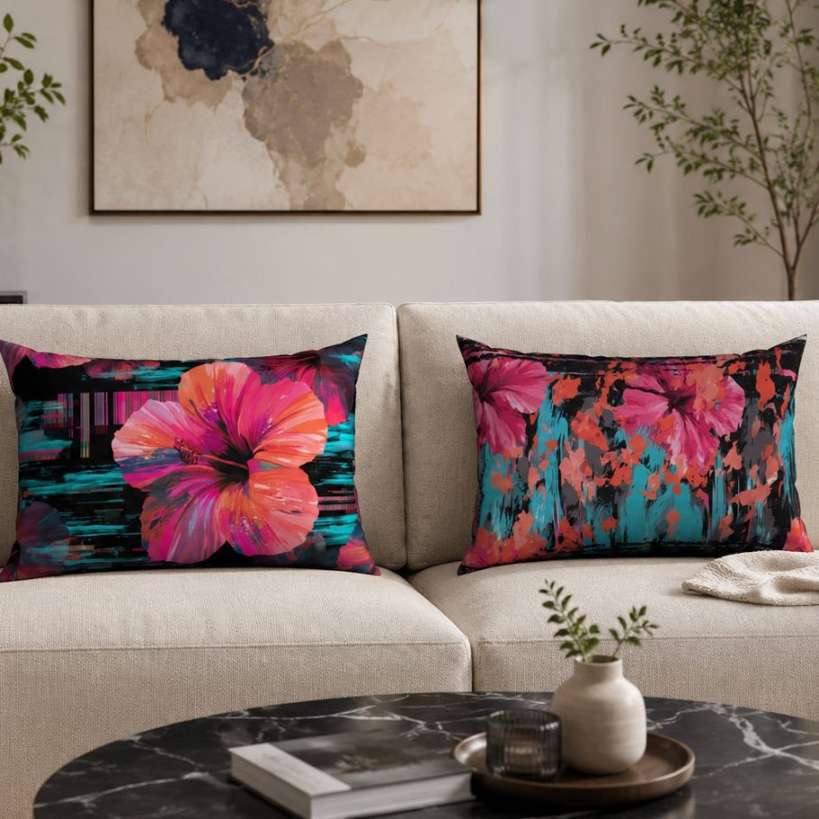 GLITCHED HIBISCUS Prostokątna Poduszka Welurowa