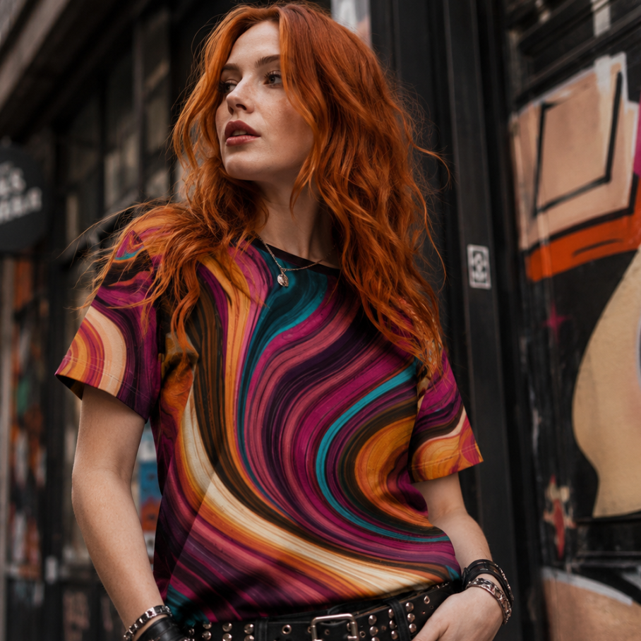 LIQUID 70s PSYCHEDELIA Damski T-shirt z Szerokim Dekoltem-6