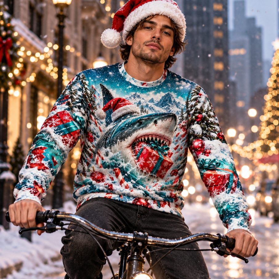 SHARK SNOW DELIVERY Świąteczny Ugly Sweater męski-4