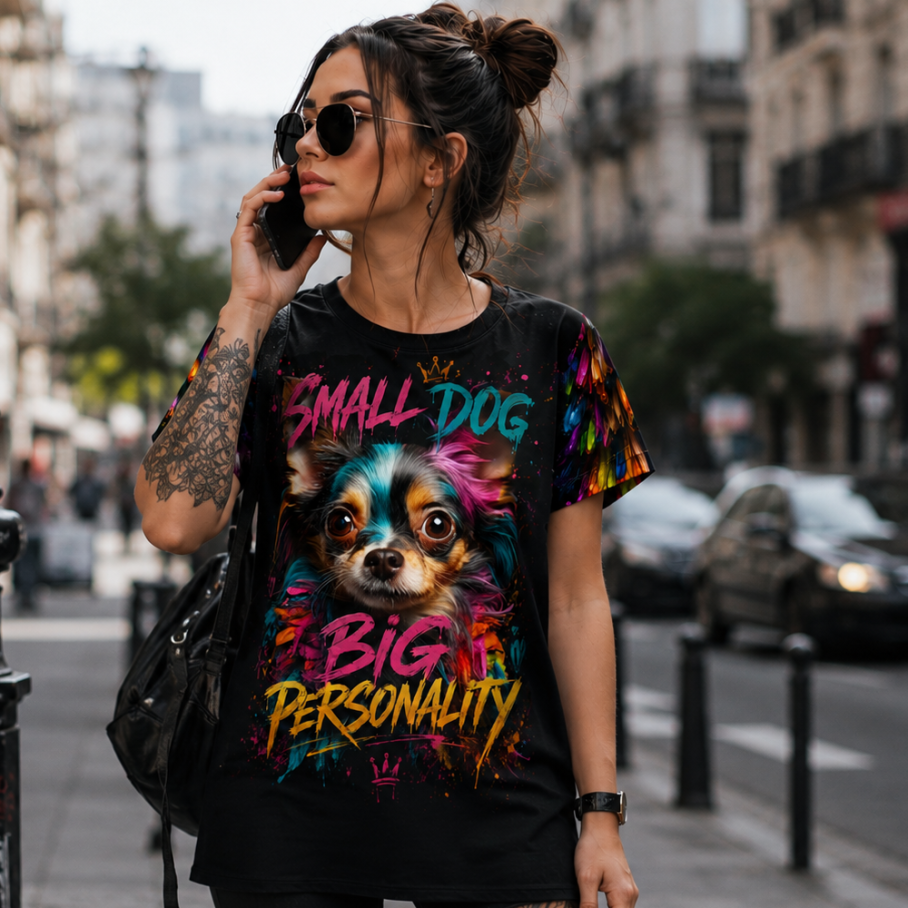 SMALL DOG. ZERO FEAR Damski T-shirt z Szerokim Dekoltem-3