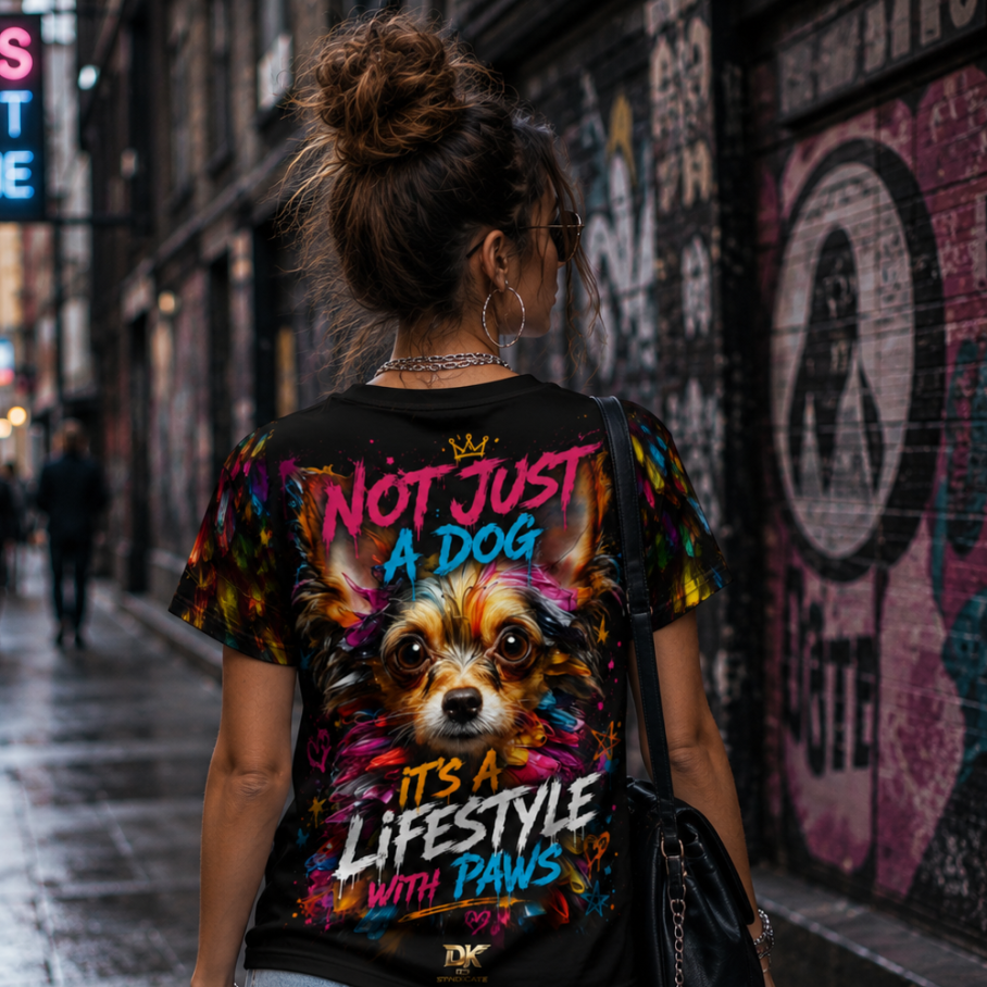 SMALL DOG. ZERO FEAR Damski T-shirt z Szerokim Dekoltem-5