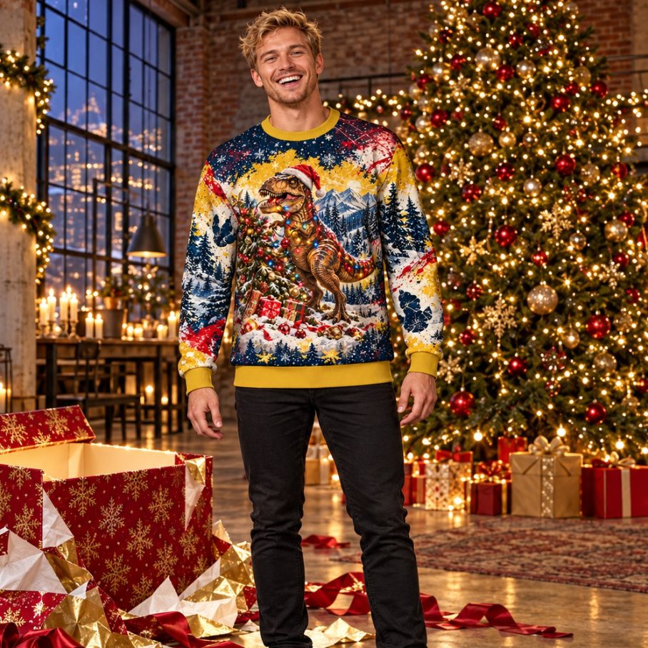 T REX TREE WRECKER Świąteczny Ugly Sweater męski-4