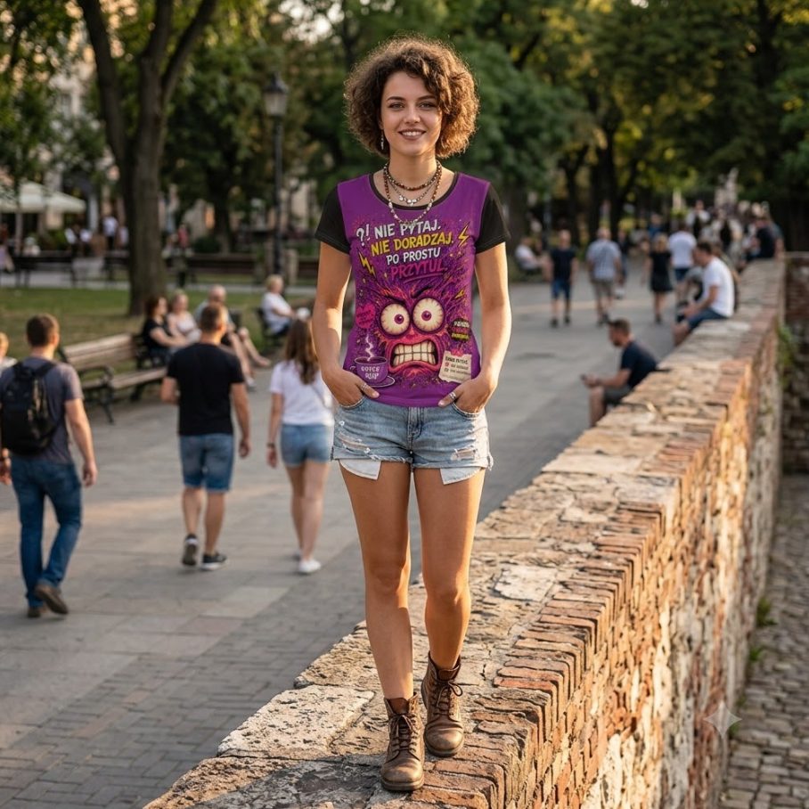 WSZYSTKO POD KONTROLĄ Damski T-shirt z Szerokim Dekoltem-3